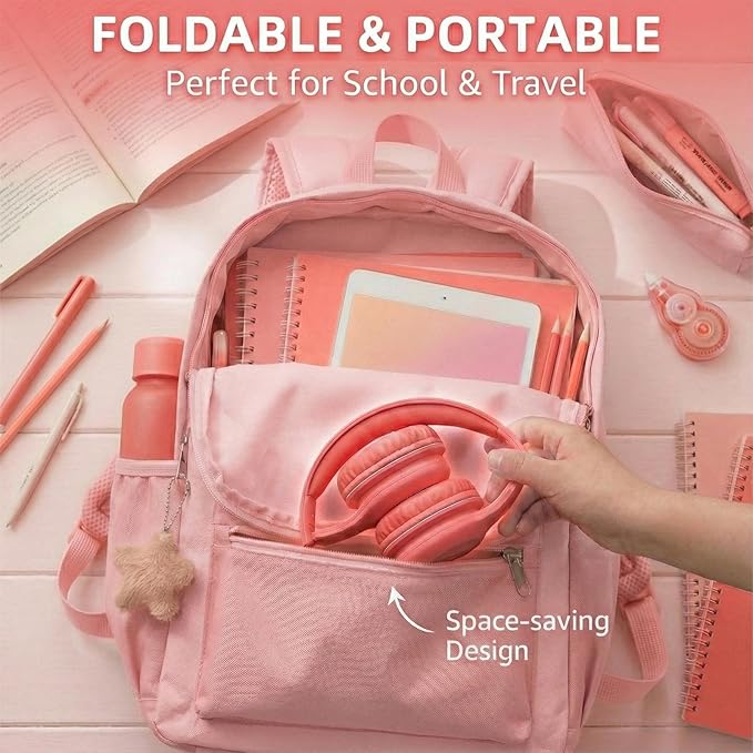 Wired Kids Headphones with USB C Plug, 85dB Safe Volume, Adjustable Headband, Tangle-Free Cord Headphones for School, Tablet, Travel (Coral Red & Soft Peach, Without Microphone)