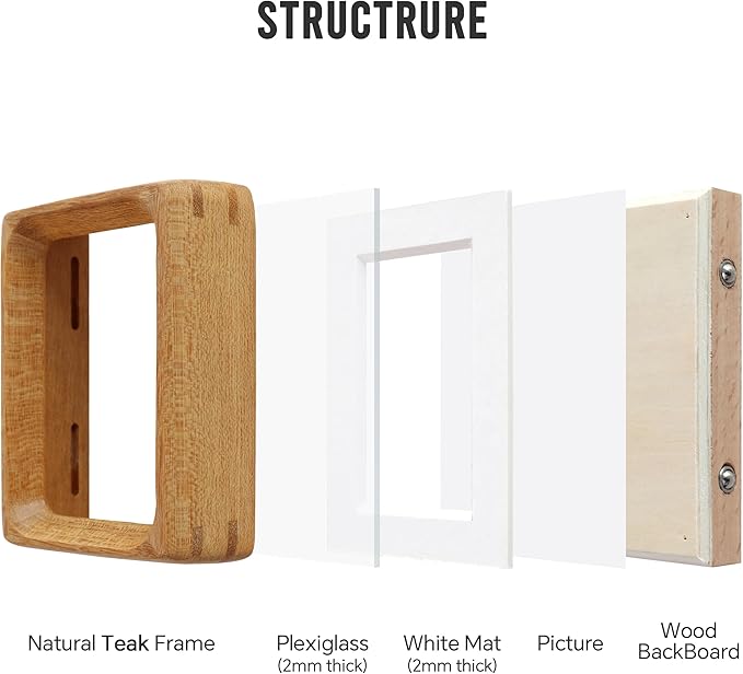 Zelvix Wooden Picture Frames, 2.5x3.5 Small Polaroid Picture Frame Matted to 2x3 with Plexiglass, Teak Solid Natural Wood Tiny Photo Frame, For TableTop and Wall Mounting