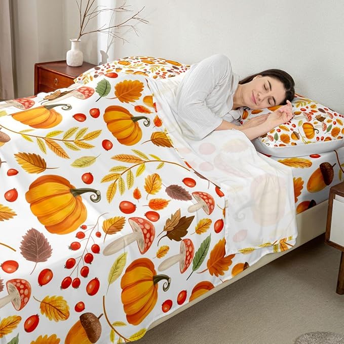 Erosebridal Fall Decor Bed Sheets Queen Size, Pumpkin Autumn Leaf Bedding Set, Farmhouse Harvest Mushroom Fitted Sheet Set, Farm Fall Leaves Sheets for Kids Adults Thanksgiving Bedroom Decor