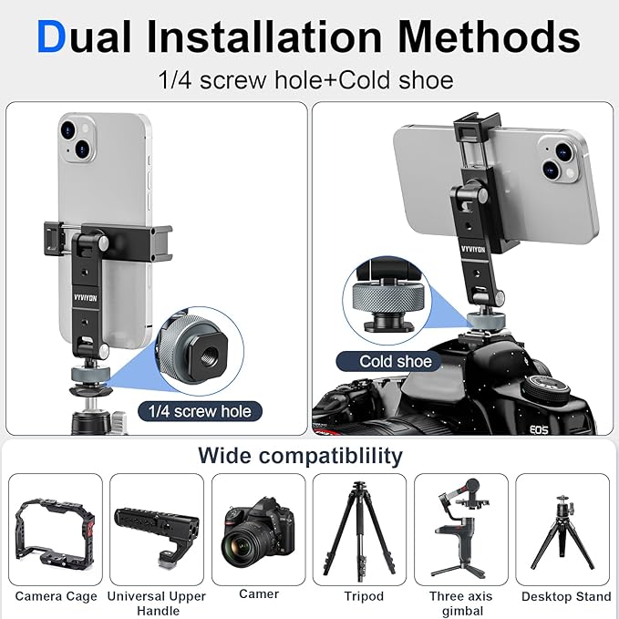 Metal Phone Tripod Mount with 3 Cold Shoe 1/4" Thread, 180° Tilt, 360° Rotation Universal Aluminum Cell Phone Stand Holder for iPhone Samsung Smartphone Clamp Adapter for Desktop Tripod Video
