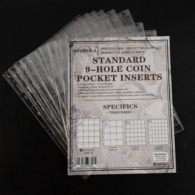 200 Pockets Coin Binders Pages - 1.77 inch Holders 10 pcs Loose-Leaf Sheets Acid-Free Collection Holders for Medallion Coin Stamp Currency Collecting Supplies 45x45 mm / 1.77x1.77 inch CS03220
