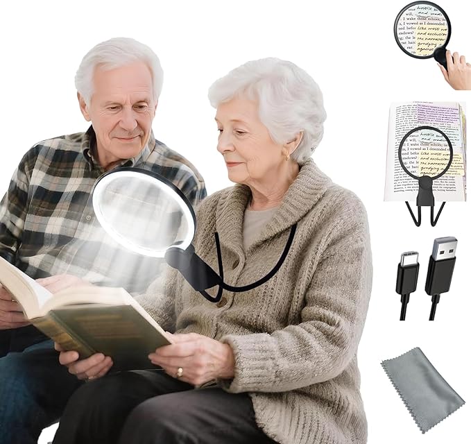 6X Hands-Free Magnifying Glass with Light, Rechargeable Neck Magnifier 24 LED for Reading, Crafts, Cross Stitch - Adjustable Brightness for Low Vision Seniors & Close Work