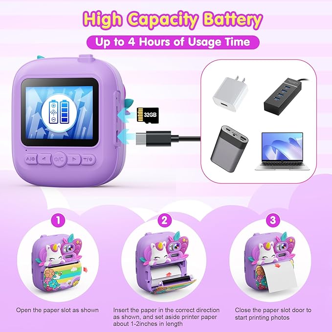 Kids Camera Instant Print, Camera for Kids with Printable Photos, Toddler Camera Toys for Children Ages 3-14, Digital Camera Birthday Gifts for Girls 4 5 6 7 8 9 10 11 12 13 Years Old (Purple)