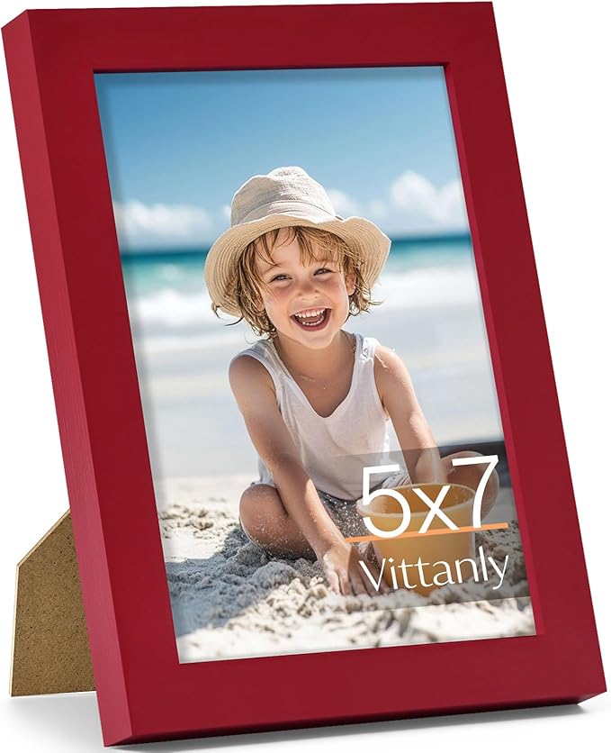 Vittanly 5x7 Picture Frame, Made of Solid Wood and Shatterproof Plexiglass, Wooden Photo Frame for Wall Mounting or Tabletop Display, Picture Frame for Home Decor with Stand, Red, 1 Pack