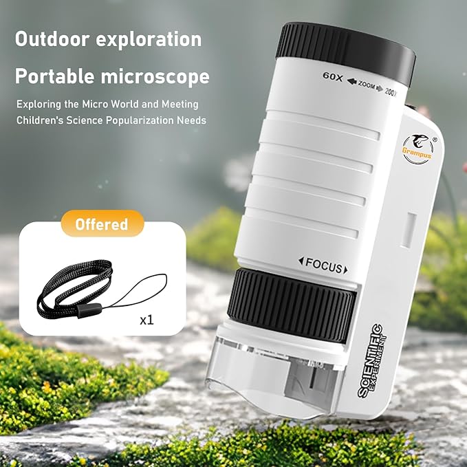 Grampus 60x-200x LED Pocket Microscope Portable Handheld STEM Toy for Kids Adults, Mini Microscope for Student Science Lab for Educational Microbiological Observation Outdoor Exploration
