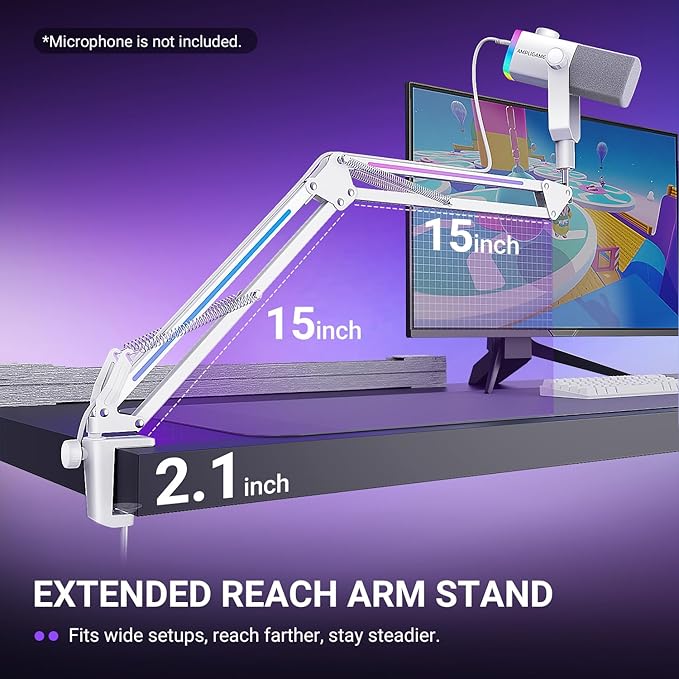 FIFINE Microphone Boom Arm, Heavy Duty Mic Arm with Controllable RGB Light,C-Clamp,Gaming Desktop Mic Mount Capacity for AM8,Studio Podcasting,Recording,Gaming,Streaming-BM38W