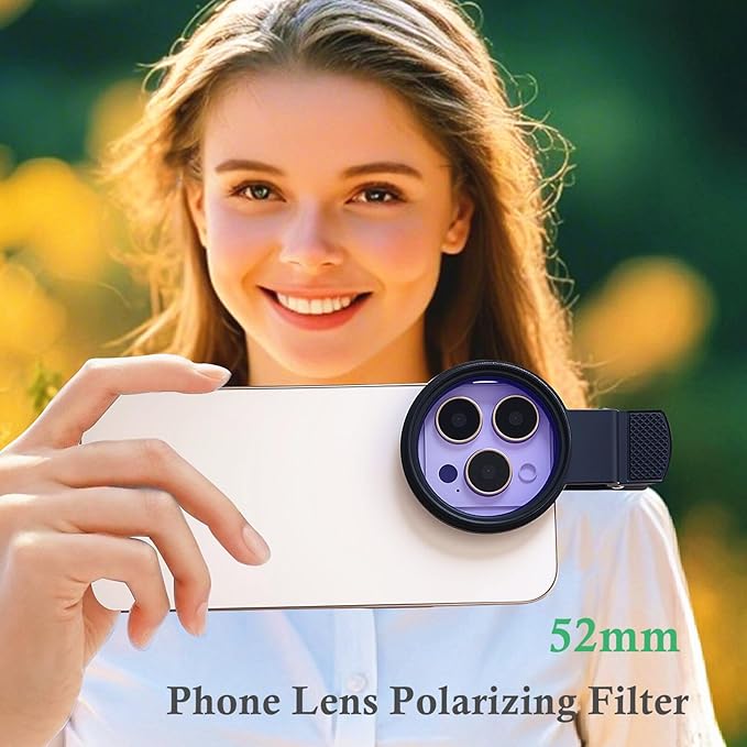 52mm Clip-on CPL Phone Camera Lens Filter, CPL Filter for iPhone 16 15 14 13 12 11,Samsung BLU, Motorola, Xiaomi and Other Smart Phones
