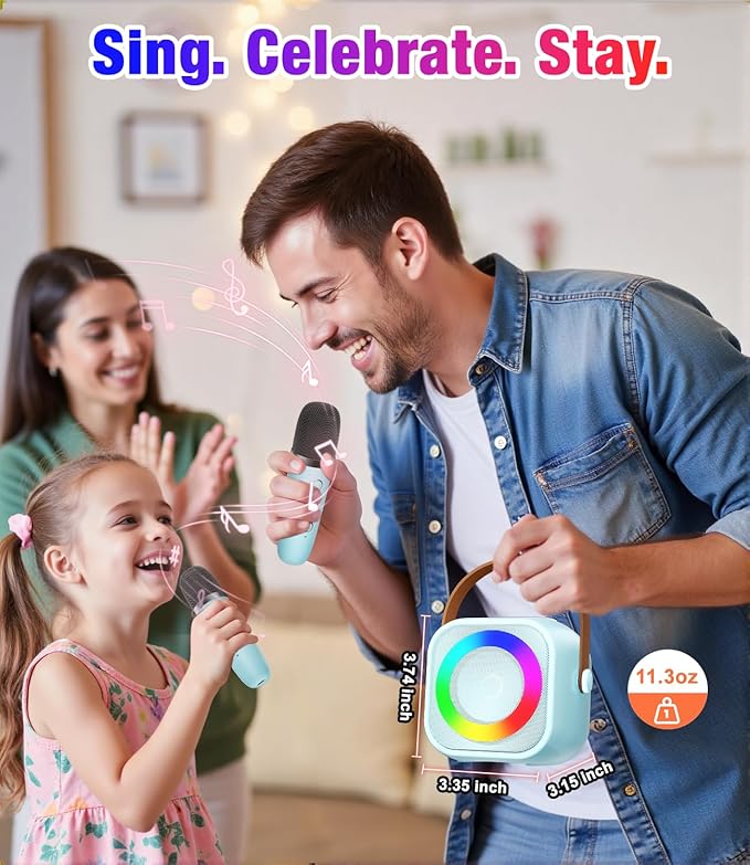 Mini Karaoke Machine, Portable Bluetooth Speaker with 2 Wireless Microphones for Kids & Adults, Karaoke Microphone with LED Lights, Gifts for Girls & Boys_Blue