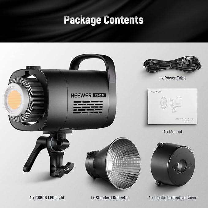 NEEWER CB60B 70W LED Video Light with 2.4G&APP Control, COB Bi Color 2700K-6500K 34000Lux at 1m/CCT CRI97+/12 Scenes/Bowens Mount, Bluetooth, with Reflector, Power Cord, Manual, Studio/Video Recording