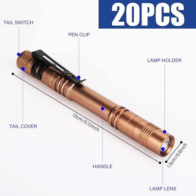 Hortsun 20 Pcs Mini Pen Light Flashlights Christmas Gifts for Men Pocket Flashlights Pen with Clip Small LED Handheld Slim Torches Without Battery(5.12 Inch,Brown)