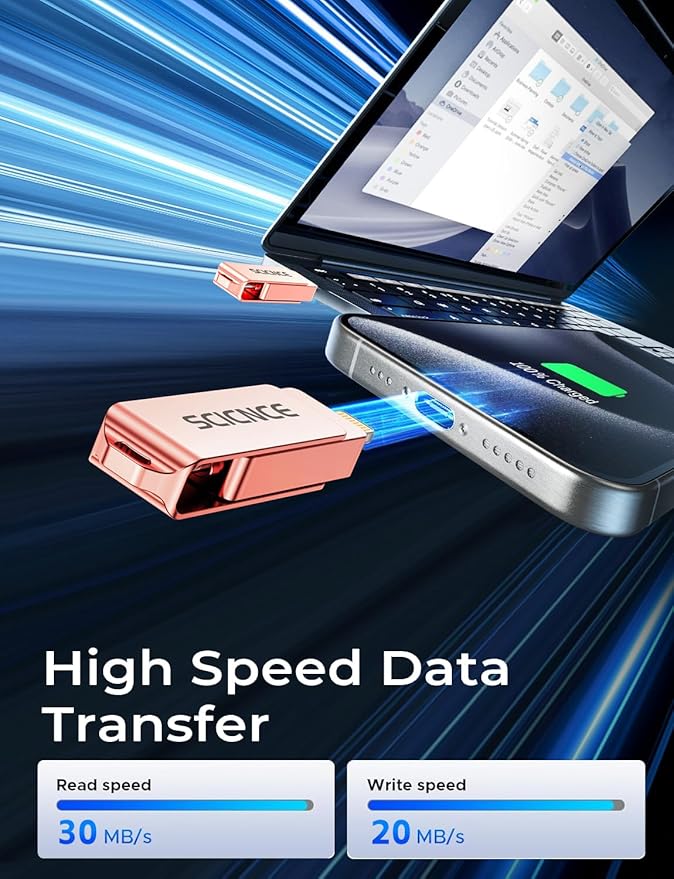 SCICNCE 256GB Flash Drive Intended for iPhone, USB Memory Stick Storage Backup for Photos Videos, Plug and Play No APP Required, Compatible with iPhone iPad Android and Computers (Rose Gold)