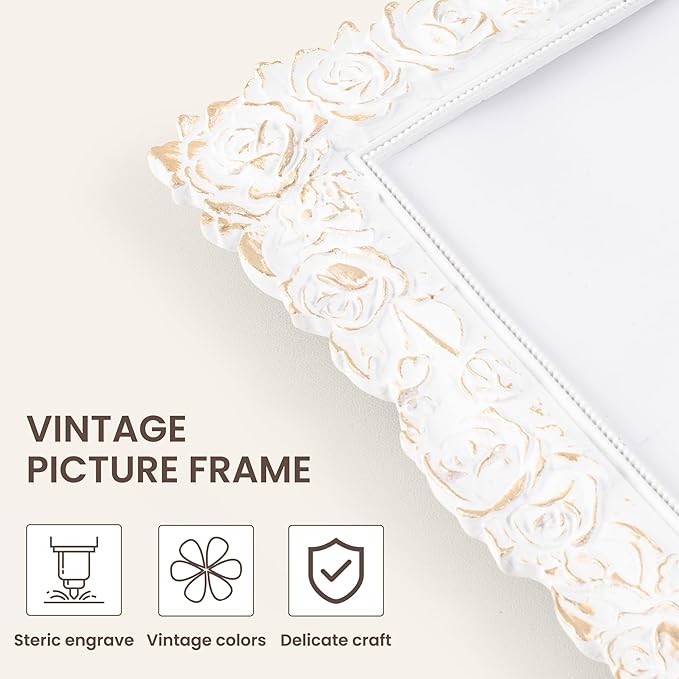 Axeman Antique Picture Frame 5x7 | Vintage 5 x 7 Picture Frame with Real Glass | Ornate Rose 5x7 Frame for Wall & Tabletop Display | White Gold 5 by 7 Frame - White Gold