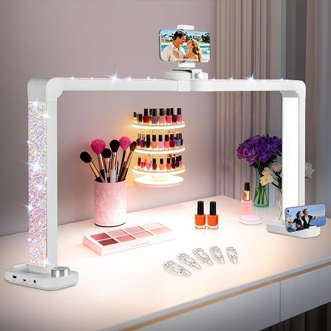 KIRKAS 34IN Half Moon Light for Nail Desk, 456 LEDs 3 Color Modes Infinitely Knob Foldable Nail Tech Lamp with Phone Holder Charging Function, Manicure Lamp for Eyelash,Eyebrows,Beauty(Diamond, Large)