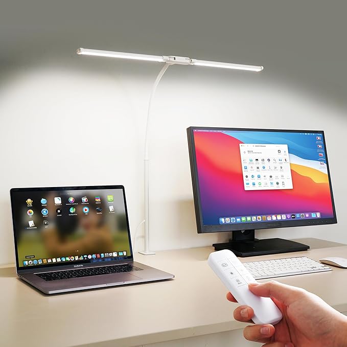 Dual-Head LED Desk Lamp for Office Home, Adjustable Flexible Eye-Caring Desk Light, 5 Modes 10 Brightness Adjustment, USB Adapter Desk Lamp with Clamp-ST-W
