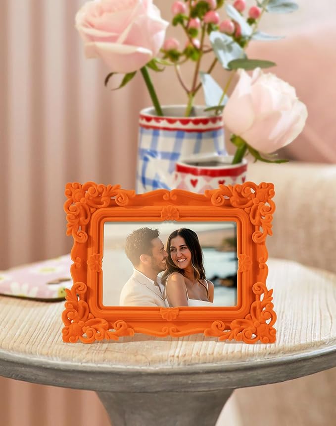 4x6 Orange Picture Frame for Drawings Prints, Small Colorful Decorative Frame with Real Glass/Stand, Retro Ornate Memorial Frame Gift for Wedding Baby Shower Retirement (Orange)