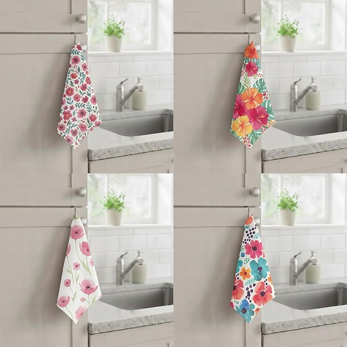 8-Pack Ultra-Fine Microfiber Kitchen Towels, 7-Inch Square with 8 Clips & Multiple Patterns – Soft, Absorbent, Reusable Cleaning Cloths (Flowers)