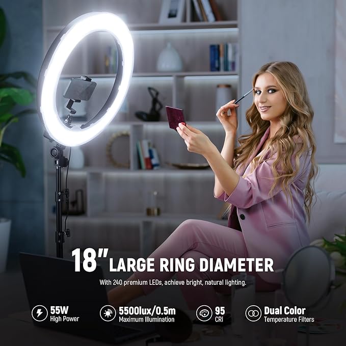 NEEWER 18" Ring Light, 58W 5500lx 5600K Dimmable CRI95 240 LEDs, Lighting with Cold Shoe Bi Color Filters Carry Bag Phone Holder for iPhone Selfie Makeup Studio Photography Video Recording, RL-18