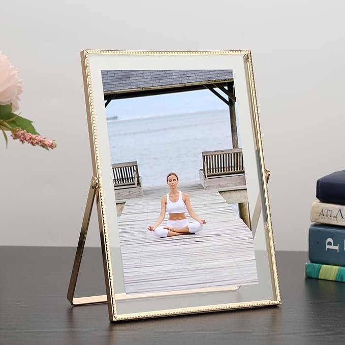 Gold 4x 6'' Floating Frame Set of 2, For Photo Sizes (2x3'', 3.5x 5'' up to 4x6'' ), Beautiful Metal Lace Edge Frames Adjustable Tabletop/Shelf Photo Frame, Classy Gift Choice for Wedding,