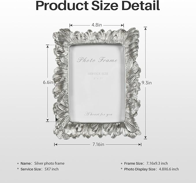 Cuspin 5x7 Picture Frame Silver Frames, Vintage Elegant Palm Leaves Textured Hand-Crafted Resin with Glass Front Retro Design Photo Frame for Wall Hanging and Tabletop Display Home Decor