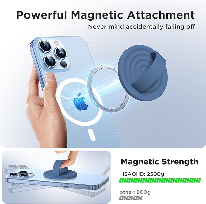 Upgraded Magnetic Phone Grip, Liquid Silicone Soft and Portable, Removable Finger Loop Ring Grip Holder for iPhone, Strong Magnetic Attraction, Compatible with MagSafe Phone Case, Azure Blue
