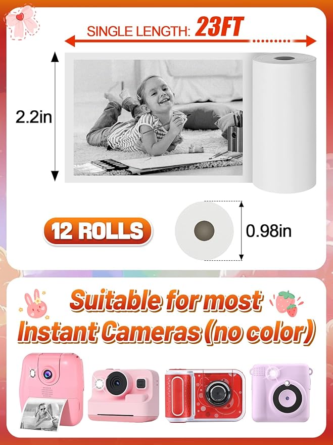 12 Rolls Kids Instant Camera Print Refill Paper - Photo Printer Thermal Paper Rolls, Instant Print Camera Refill Paper for 4 5 6 7 8 9 10 Year Old Girls Boys Birthday Gifts