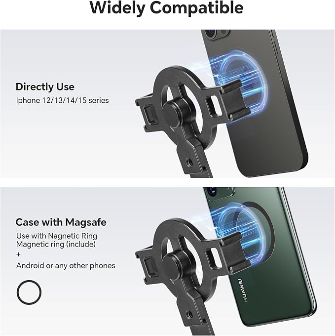 FANAUE Cell Phone Tripod Mount, Magnetic Aluminum Smartphone Stand Adapter with Cold Shoe Arca Swiss QR Base Plate,1/4" & 3/8'' Screw Phone Holder Mount for Video Live Streaming Vlogging