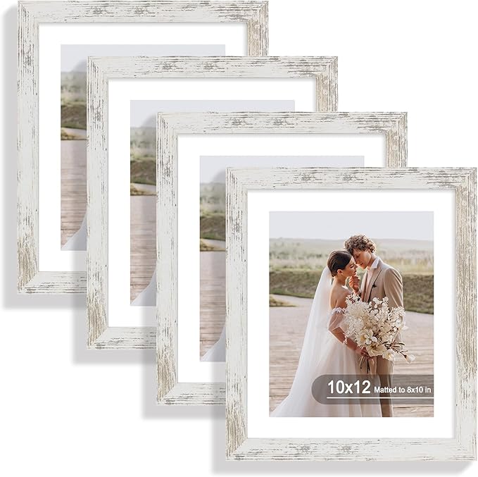 10x12 Picture Frame Set of 4, Made of Real Glass and Distressed White Frame - Display Picture 8x10 with Mat or 10x12 Without Mat, 10 by 12 Photo for Wall Mounting