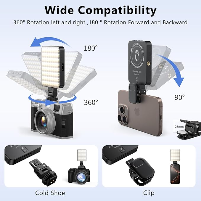 VRIG 128 LEDs Fill Light for Video Recording, 3 Color Temperatures, FD-128 Rechargeable Magnetic Selfie Light for iPhone Mag Safe, Pictures, Vlogging, Containing Clip, Cold Shoe Adapter & 1/4 Thread