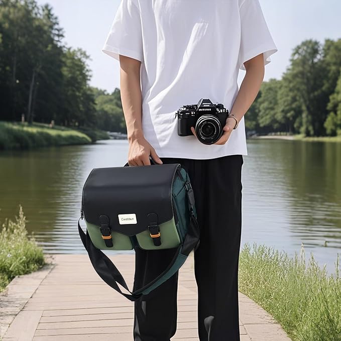 Cwatcun Camera Bag, Waterproof Flap Camera Crossbody Shoulder Messenger Case with Tripod Holder, Travel Photography Bag for Canon, Nikon, Sony, Fuji DSLR/SLR/Mirrorless Camera, Lens - Green, L