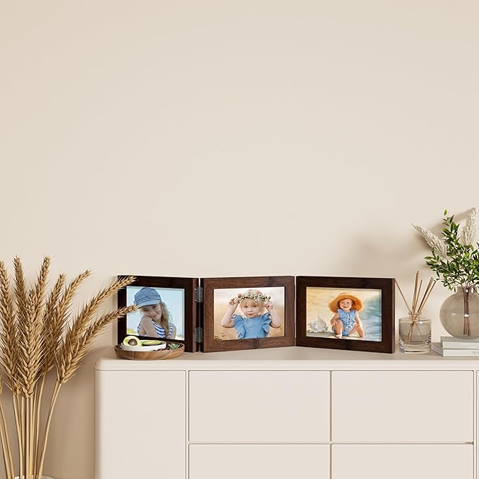 decorUhome Triple 7x5 Picture Frame Horizontal, Engineered Wood Trifold Photo Frame with Plexiglass for Tabletop Display, 7x5, Brown