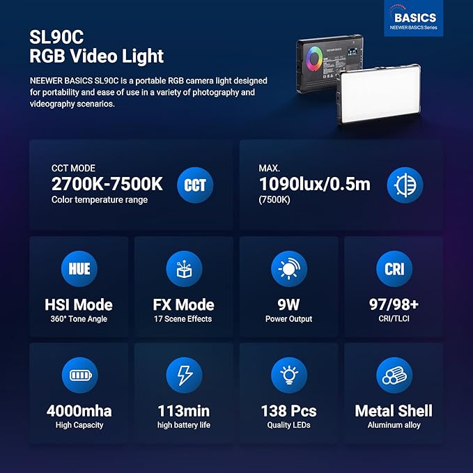 NEEWER Basics Full RGB Camera Video Light with Desk Tripod Stand, 8W CRI97 2700K-7500K 17 Scenes 4000mAh Portable Metal Small LED Panel Lighting for DSLR Streaming Photography Video Recording, SL90C
