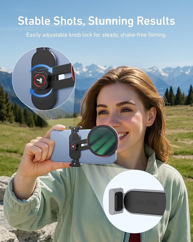 TELESIN Universal Phone Filter Mount for 67mm DSLR Filters, Clip-On Holder with Cold Shoe & 1/4" Thread, Lightweight for Travel & Vlogging, for iPhone 16 15 Pro Max, Samsung S24 Ultra, Pixel and More