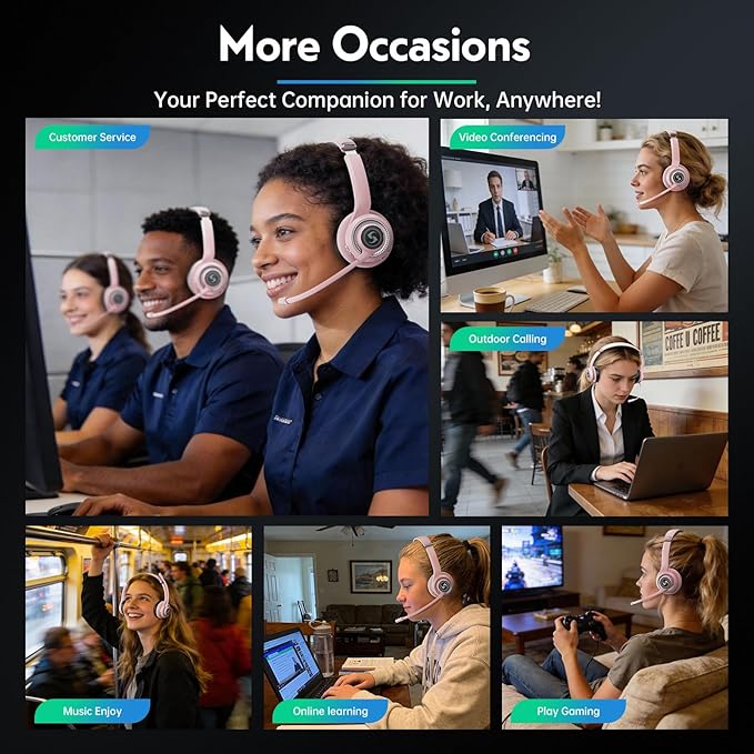 Wireless Headsets with Microphone, Ultra Lightweight& 50+ Playtime, Wireless Headset for Cell Phones, On Ear Bluetooth Headphone Fit for PC/Call Center/Computer/Laptop/Teams - Light Pink
