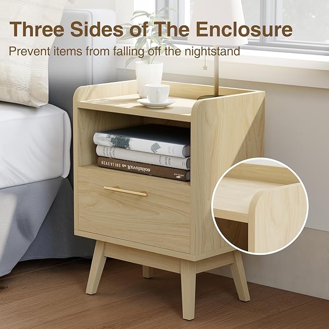 Night Stand with Drawer & Open Storage Shelf, Small Wooden Nightstand with Raised Edge, Mid Century Modern Side Table with Solid Wood Feet, Metal Handle for Bedroom Natural