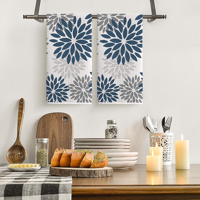 Artoid Mode Aqua Dahlia Floral Bar Kitchen Towels, 12x24 Inch Quick Dry Microfiber Cloth Dish Towels for Kitchen Drying Set of 2