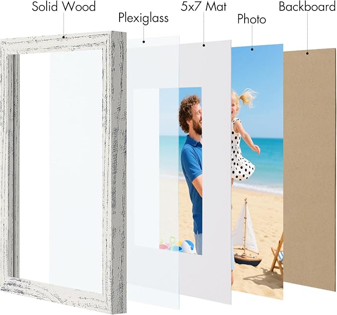 Vittanly 8x10 Picture Frame, Made of Solid Wood and Shatterproof Plexiglass, Display Pictures 5x7 with Mat or 8x10 without Mat, Wooden Photo Frame for Wall or Tabletop, Distressed White, 1 Pack