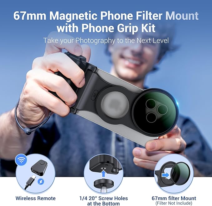 JJC 67mm iPhone Variable ND2-128 Filter with Magnetic Phone Camera Grip Kit, Compatible with iPhone Air 17 16 15 14 Pro Series, with Remote Control & 1/4" Tripod Screw for Vlogging Mobile Filmmaking