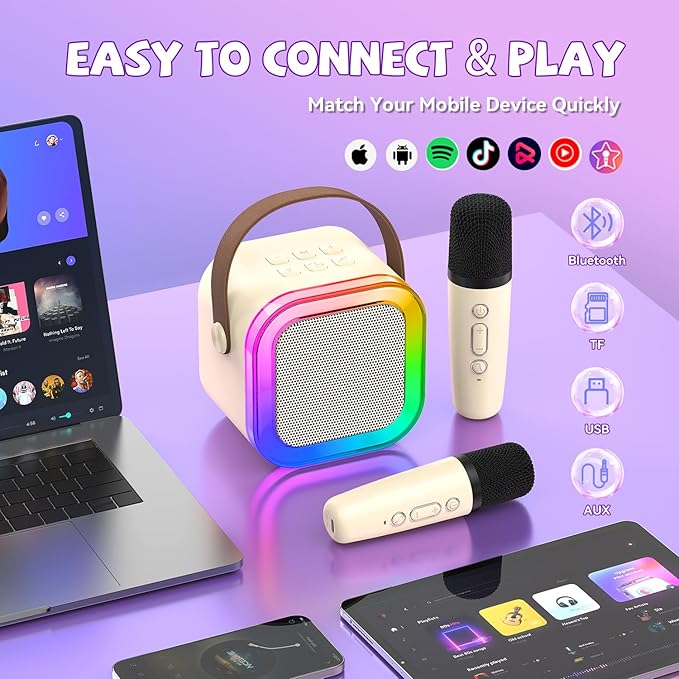 【2026 Newest】 Mini Karaoke Machine for Kids Girls & Boys - Portable Bluetooth Speaker with 2 Wireless Microphones - Kids Birthday Gifts for Ages 4-10 - Kids' Instrument Accessories - Beige
