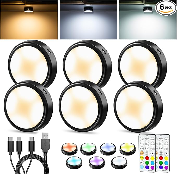 HOLKPOILOT Puck Lights with Remote, Under Cabinet Lights,2000mAh Battery Operated Closet Lights, Magnetic Under Cabinet Lighting Wireless, 3 Color Temps &7 RGB Colors, Black Rechargeable Puck Lights.