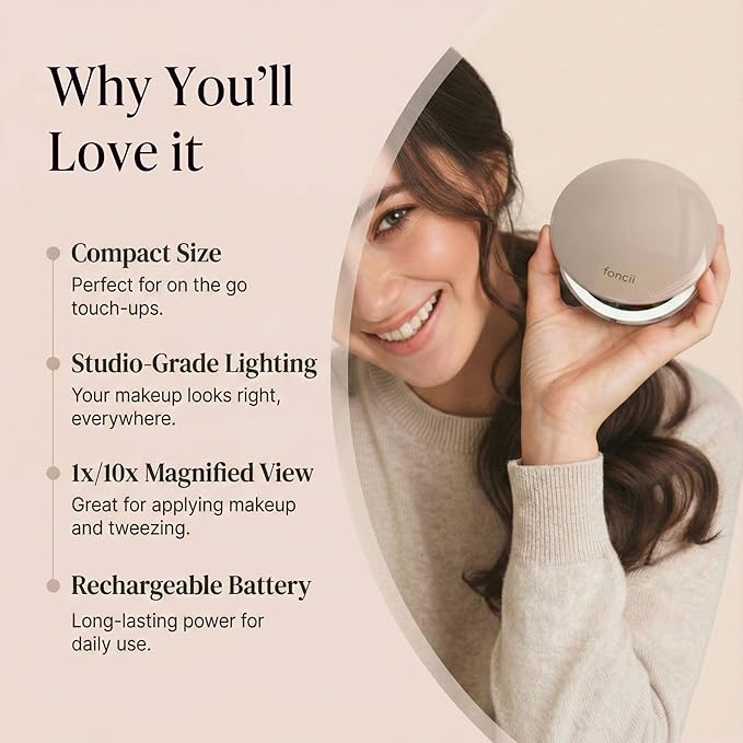 Fancii Mini Taylor Compact Magnifying Mirror with LED Light, 10x/1x, Rechargeable, 3 Light Settings, Dimmable - Small Lighted Travel Handheld Mirror for Pocket, Handbag, Purse, 2-Sided (Desert Sands)