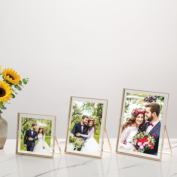 Gold Floating Picture Frames Set of 3,Metal Geometric Photo Frame with Glass Cover Includes(5x7'',4x6'',4x4'')Tabletop Floating Picture Frames for Home Wedding Decoration,Gift for Father's Day