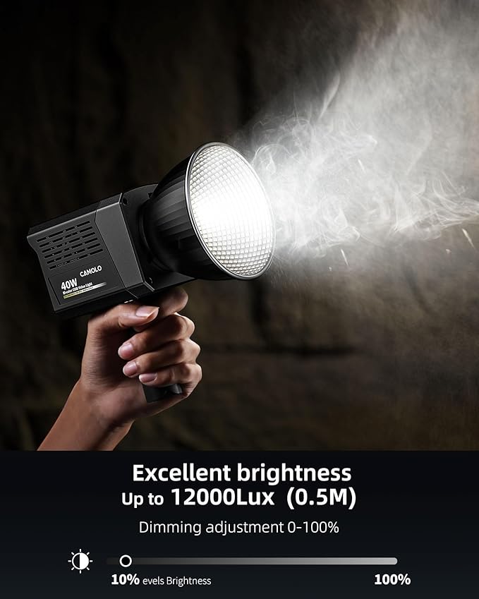 Portable 40W LED Video Light with 3400mAh Build-in Battery, COB Continuous Output Lighting Handheld Spotlight 2500K-6500K for Video 12000 LUM(0.5M)