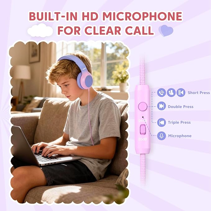 USB C Headphones Wired, Kids Headphones for School, Over Ear USB C Wired Headphone with Microphone, 85/94dB Volume Limit, USB Type C Headphone for Boys/Girls/School/Travel, Purple Gradient