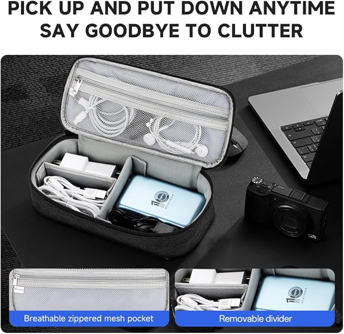 Teskyer Tech Organizer Pouch – Portable Waterproof Electronics Bag with Compartments for Cables, Chargers, Earbuds & Phone (Black)