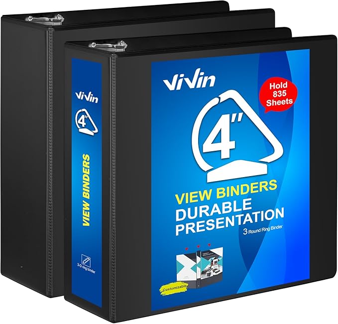 ViVin Durable 4 inch D Ring View Binder, Large 4" Slant-D Ring with 835-Sheet Capacity, Fit 8.5" x 11" Paper, 2 Pack(Black)
