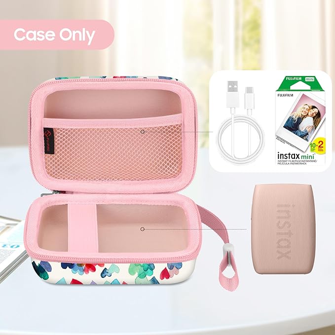 FINTIE Portable Case Compatible with Fujifilm Instax Mini Link 3 2 1 Smartphone Printer, Hard EVA Carrying Bag For Instax Mini Liplay/EVO Instant Camera, Raining Hearts