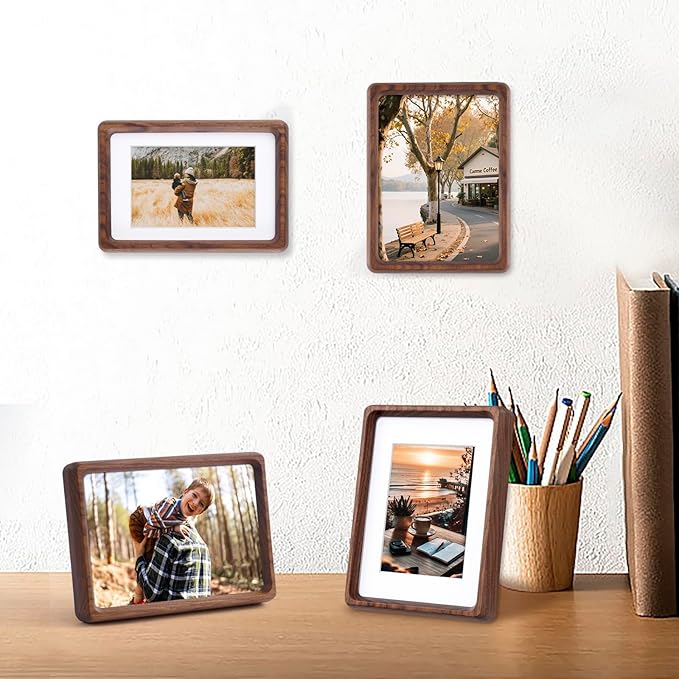 TEYCLZORE 4x6 Natural Walnut Picture Frame, Handmade Photo Frame, Display 3x4 Picture with Mat or 4x6 Without Mat, Tabletop Display and Wall Hanging