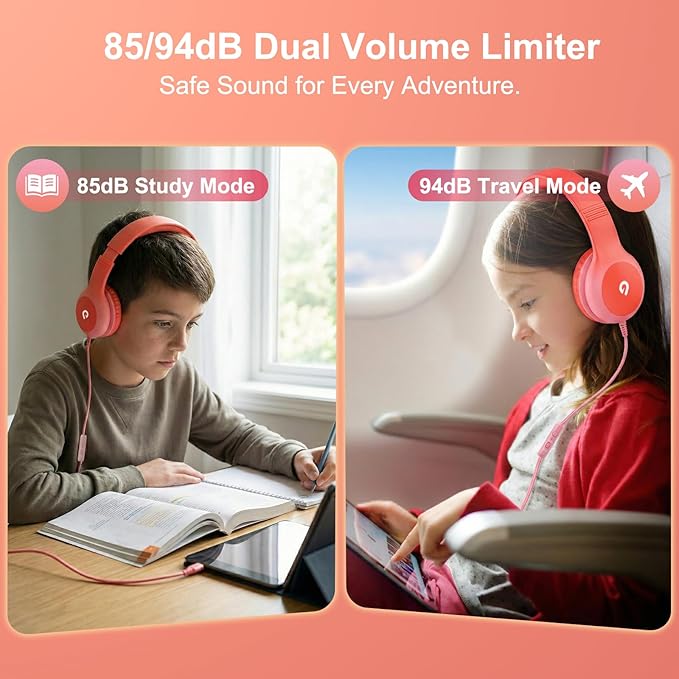 Wired Kids Headphones with USB C Plug, 85dB Safe Volume, Adjustable Headband, Tangle-Free Cord Headphones for School, Tablet, Travel (Coral Red & Soft Peach, with Microphone)