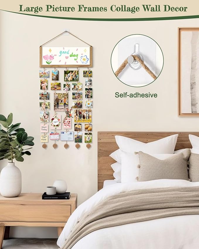 Bikoney Rustic Collage Photo Display Wall Decor with Happy Birthday Banner, Gift Card Storage and 30 Clips for Dorm Room, Bedroom and Home