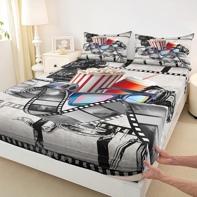 Erosebridal Movie Themed Sheet Set King for Boys Girls Family Vintage Cinema Style Bed Sheets Set Home Theater Decor Sheets Film Theme Fitted Sheet Retro Clapboard Popcorn Filmstrip Print Flat Sheet